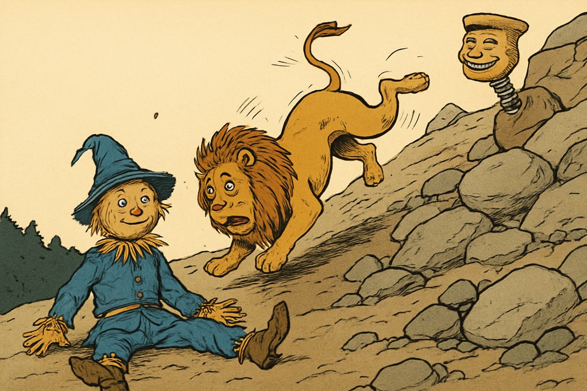 Beyond the forest a rocky hill blocked the way, and a squat armless man cried, "Keep back!" When the Scarecrow walked boldly on, the man's head shot out on a stretching neck and sent him tumbling down the hill. The angry Lion charged next, and went rolling down as if struck by a cannon ball, while hundreds of Hammer-Heads laughed.