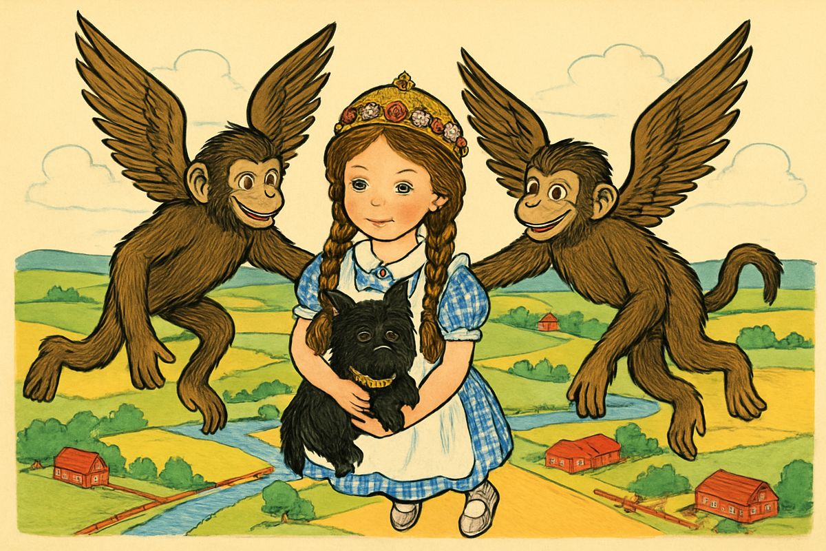 "It is useless to fight people with shooting heads," said the bruised Lion. So Dorothy put on the Golden Cap and called the Winged Monkeys for the last time. They carried everyone high over the hill, out of reach of the yelling Hammer-Heads, and set them down in the bright red country of the Quadlings before flying away forever.