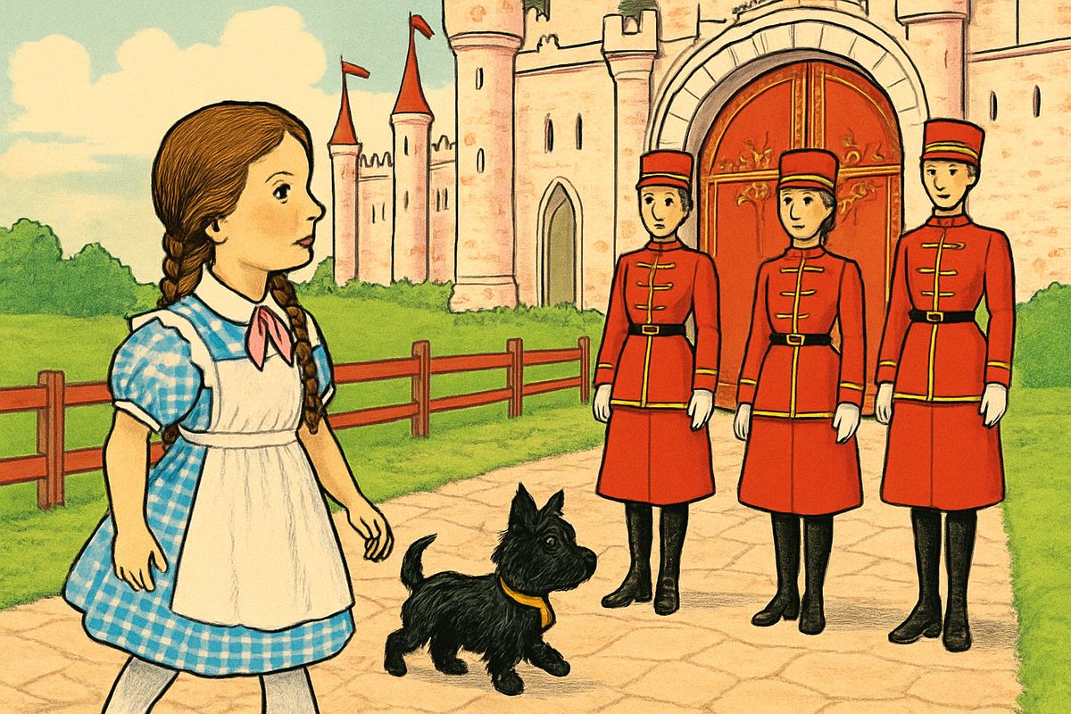 A kind farmer's wife gave them three kinds of cake, four kinds of cookies and a bowl of milk for Toto, then sent them south. They crossed pretty red bridges until they reached a beautiful Castle, where three girl soldiers in red and gold stood at the gate. "Why have you come to the South Country?" one asked.