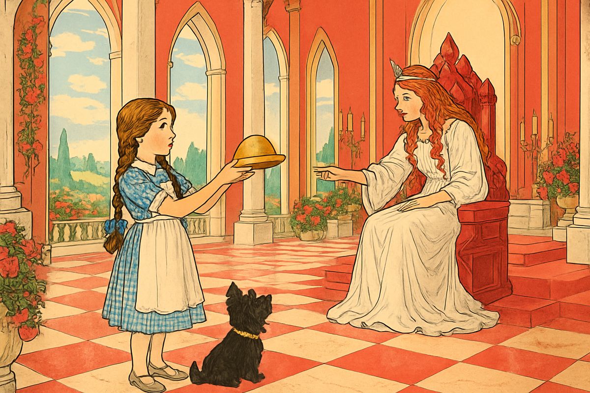Washed and brushed, the travelers were led to a great hall where Glinda sat on a throne of rubies, young and beautiful, with red hair and a pure white dress. Dorothy asked only to go home to Kansas. Glinda kissed her and said she knew a way, but first she must have the Golden Cap. "Willingly!" cried Dorothy, and handed it over.
