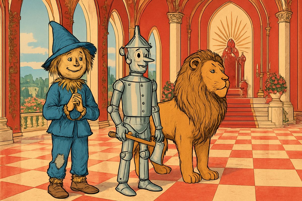 Glinda gave the Golden Cap's three commands: the Winged Monkeys would carry the Scarecrow to rule the Emerald City, the Tin Woodman to rule the Winkies, and the Lion to his forest kingdom. After that she would give the Cap to the Monkey King, so his band would be free forever. The three friends thanked her with all their hearts.