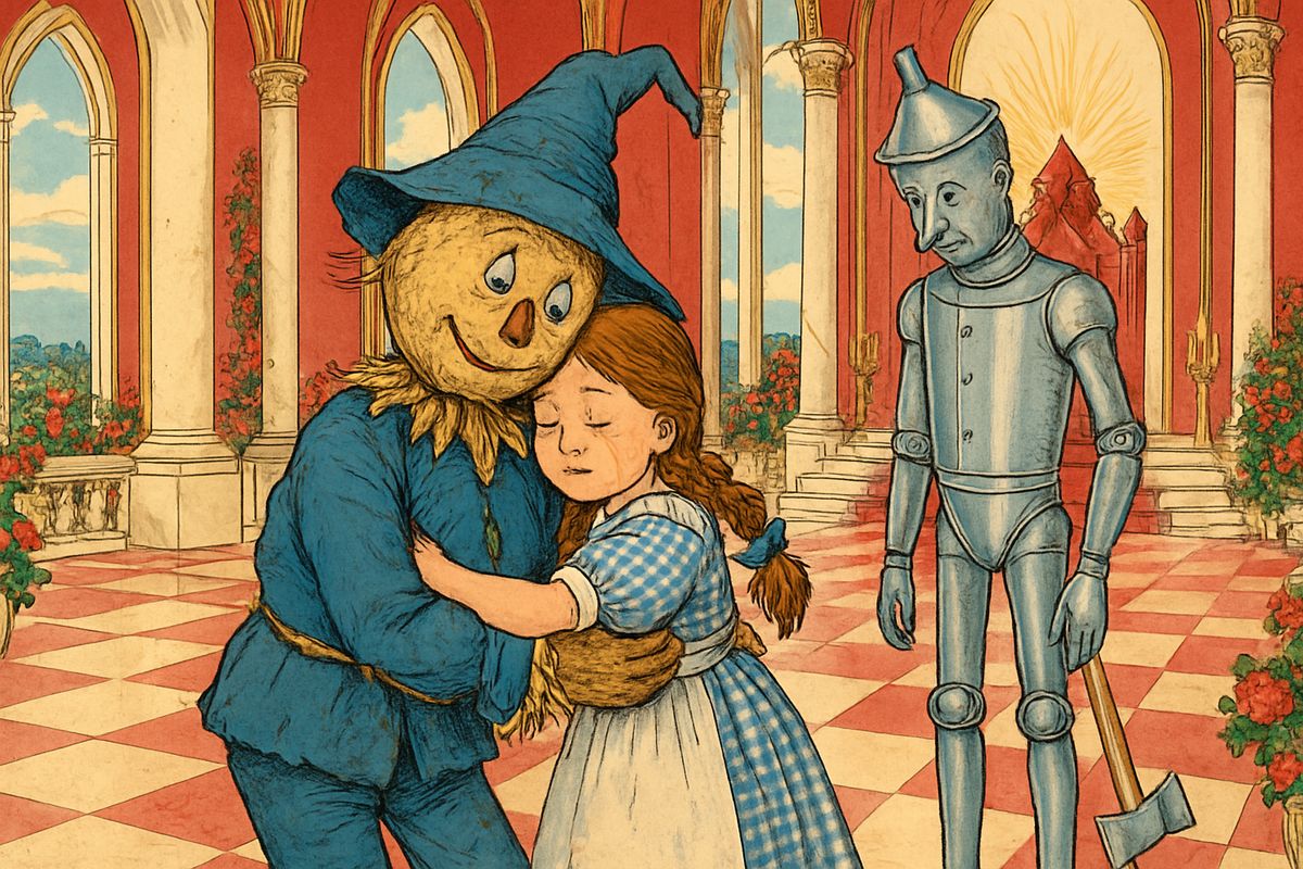 Dorothy said she was glad to have helped her good friends, but now she wanted to go home. She hugged the Lion's shaggy neck, and kissed the Tin Woodman, who wept in a way most dangerous to his joints. She hugged the soft Scarecrow instead of kissing his painted face, and she found she was crying too.