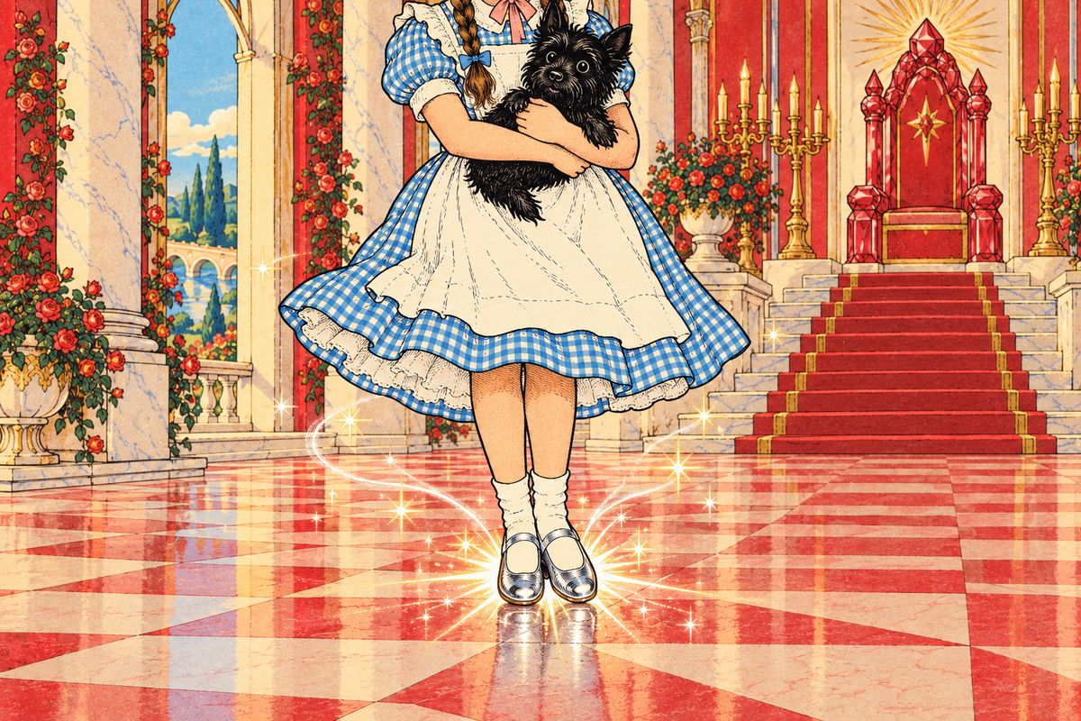 Glinda stepped down from her throne to kiss her goodbye. Then Dorothy picked Toto up in her arms, clicked the heels of her shoes together three times, and cried, "Take me home to Aunt Em!"