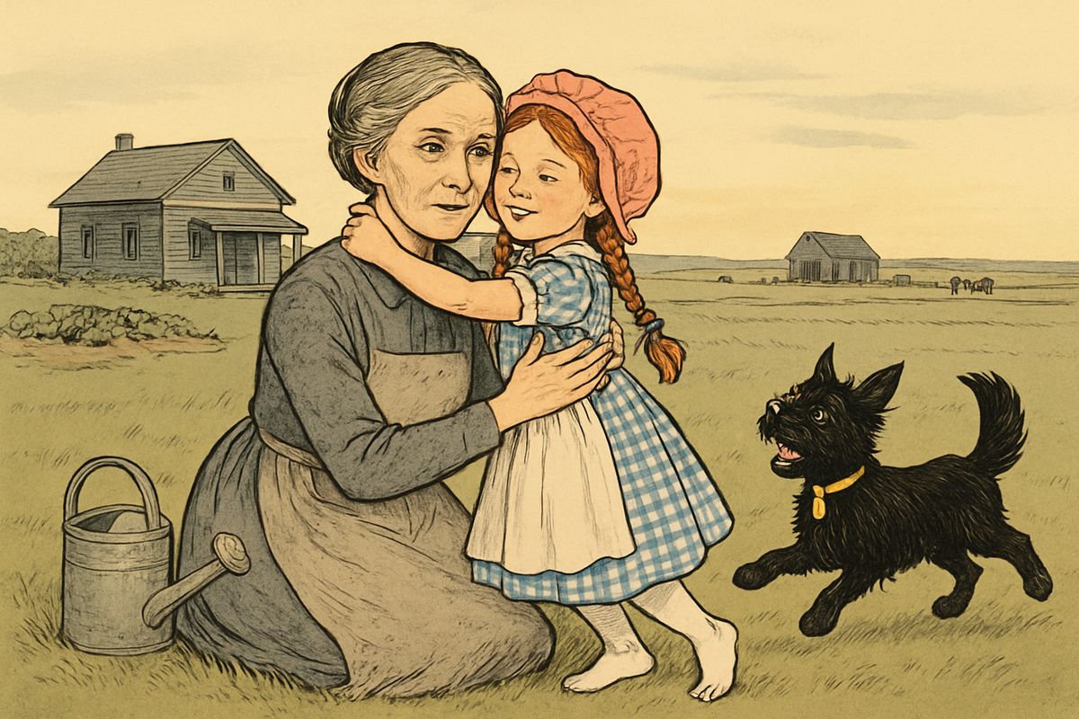 She whirled through the whistling wind, and in three steps she was rolling over on the Kansas grass by Uncle Henry's new farmhouse. Her silver shoes had fallen off over the desert and were lost forever. Aunt Em ran to hug her. "From the Land of Oz," said Dorothy. "Oh, Aunt Em! I'm so glad to be at home again!"