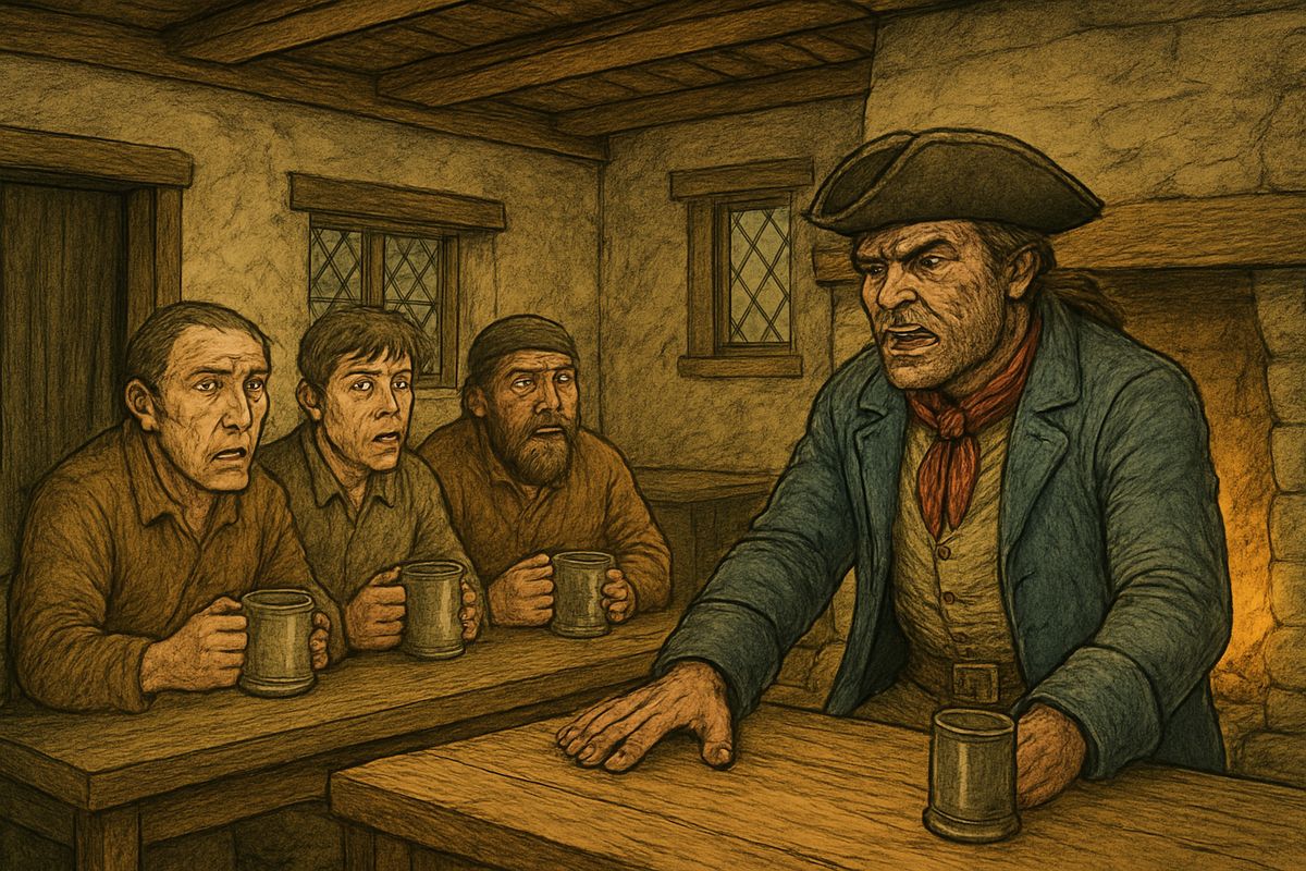 At night he drank rum by the fire, told dreadful tales of hanging and walking the plank, and forced the trembling neighbours to roar his chorus. My father only wrung his hands, for the captain roared down any mention of the bill.