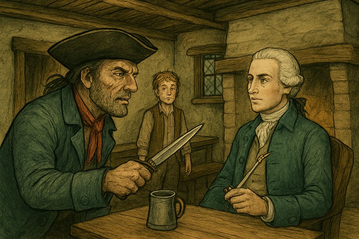 Only once was he crossed. When Dr. Livesey talked through his song, the captain drew a clasp-knife. The doctor never moved: "Put that knife in your pocket, or upon my honour you shall hang at the next assizes." The captain knuckled under.