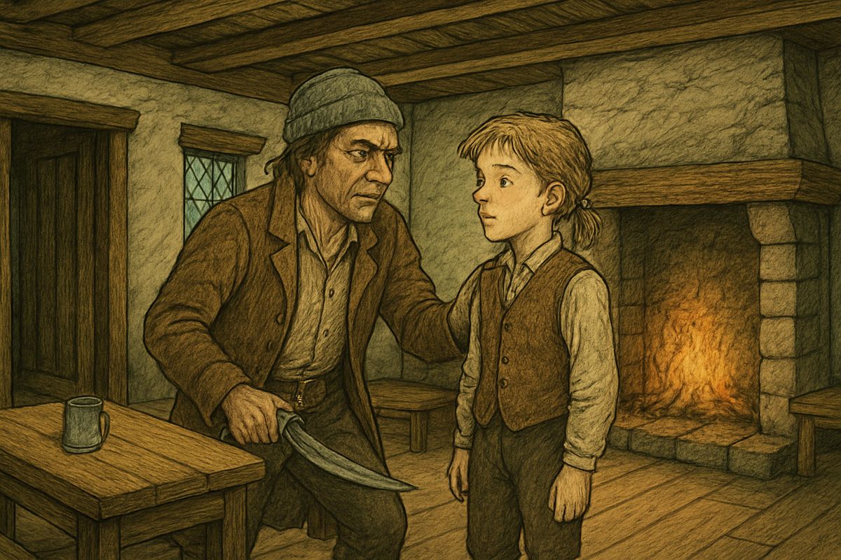 One frosty January morning, while the captain walked the beach, a pale stranger missing two fingers came asking for "my mate Bill." He pulled me behind the open parlour door to wait, loosening his cutlass, and I saw that he was frightened too.