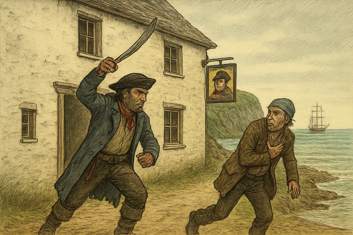 The captain strode in and turned grey as a ghost: "Black Dog!" Low talk turned to oaths and a clash of steel. Black Dog fled, and the captain's last great cut struck our signboard instead. The notch is there to this day.