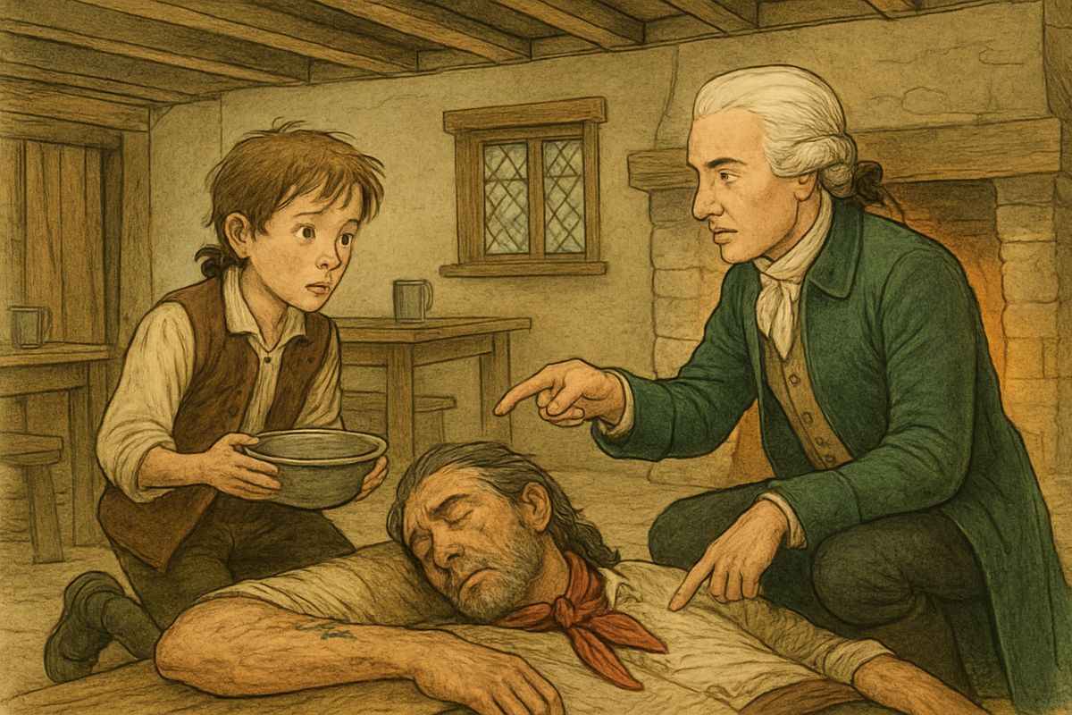 Calling for rum, the captain fell senseless to the floor. Dr. Livesey declared it a stroke, and on his arm found the tattoo "Billy Bones his fancy." He warned that more rum would mean death, and we got him up to bed.