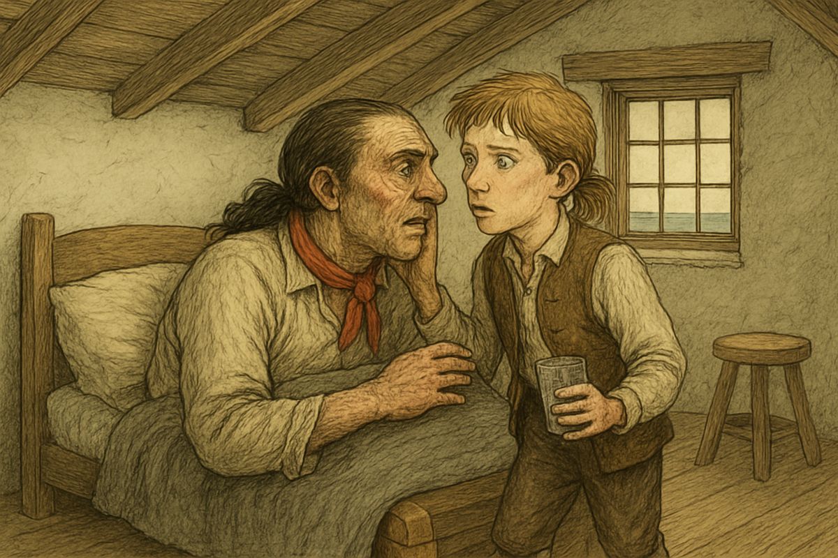 Sick in bed, the captain begged Jim for rum, then whispered his secret: he had been Flint's first mate, and they were after his sea-chest. "Watch for Black Dog, and a seafaring man with one leg—him above all."