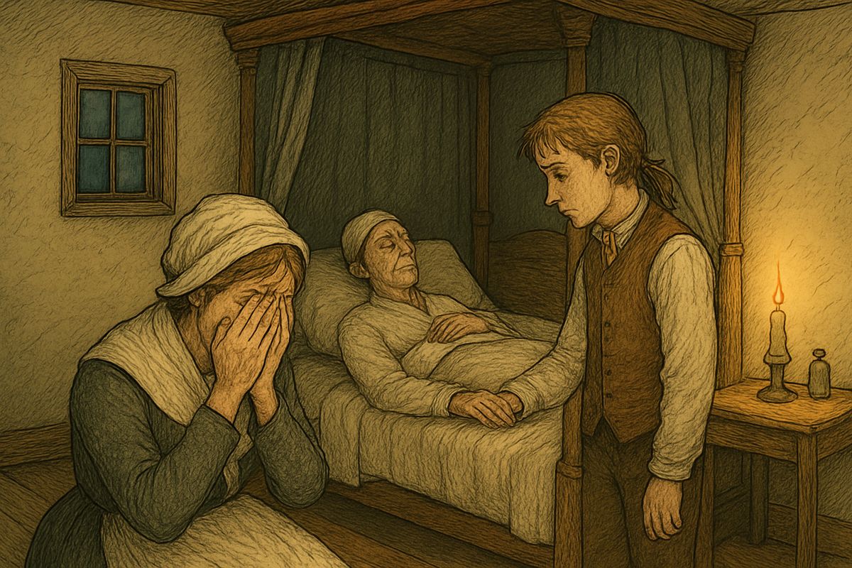 That same evening, Jim's poor father died quite suddenly. The neighbours' visits, the funeral and the work of the inn kept Jim too busy to fear the captain, who drank harder than ever, grew weaker by the day, and sat brooding with his bare cutlass on the table.