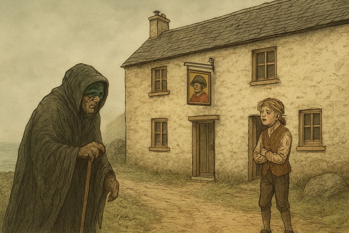 On a bitter, foggy afternoon the day after the funeral, Jim stood at the inn door full of sad thoughts when he heard a stick go tap-tap-tapping along the road. A hunched, hooded blind man was coming, and Jim had never seen a more dreadful-looking figure.