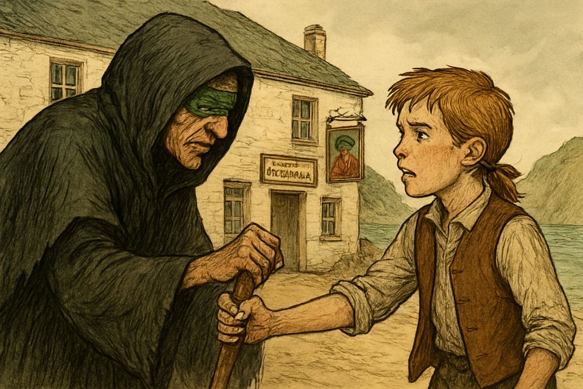 Jim kindly held out his hand to lead the beggar in, and the soft-spoken, eyeless creature gripped it like a vise and yanked him close. "Now, boy, take me in to the captain," he hissed, "or I'll break your arm."