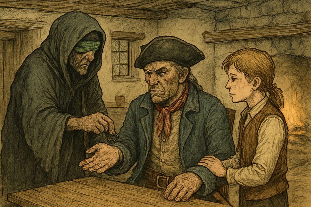 Jim led him to the parlour and cried out, "Here's a friend for you, Bill." The captain went sober and deathly sick at one look. On the blind man's orders, Jim held Bill's wrist while Pew pressed something into his palm, then skipped away, his stick tapping into the distance.
