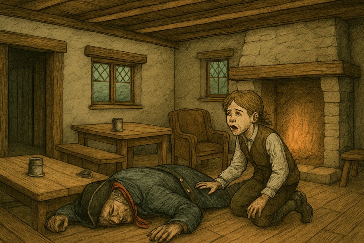 The captain stared into his palm at the black spot. "Ten o'clock!" he cried. "Six hours. We'll do them yet!" He sprang to his feet, reeled, clutched his throat, and fell face-first to the floor, struck dead. Jim, who had never liked him, burst into tears.