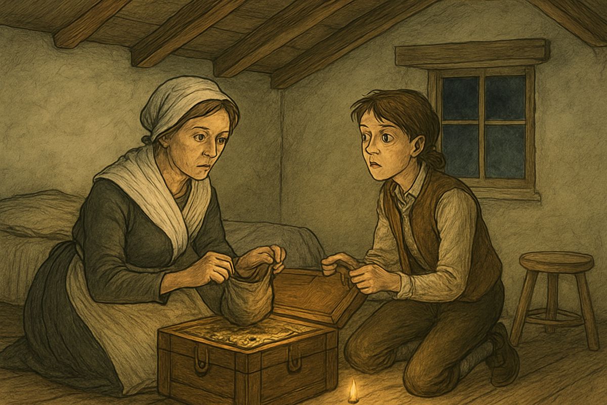 Back at the inn they took the key from the dead captain's neck and opened his chest. Inside lay an oilcloth packet and a bag of gold. "I'll have my dues, and not a farthing over," said his mother. Then came the blind man's tap-tap.