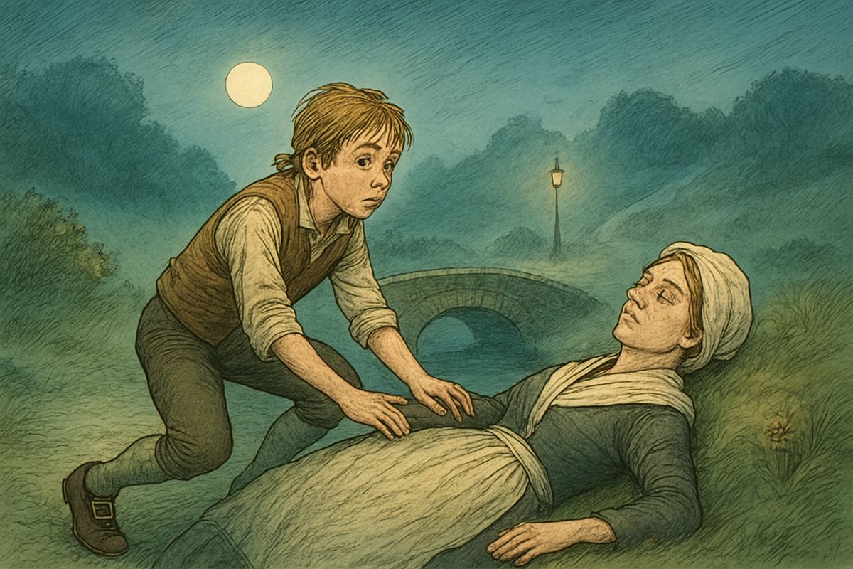 The tapping died away, but soon a low whistle sounded on the hill. Jim snatched up the oilskin packet and they fled into the fog. At the little bridge his mother fainted, and Jim dragged her under the low arch.