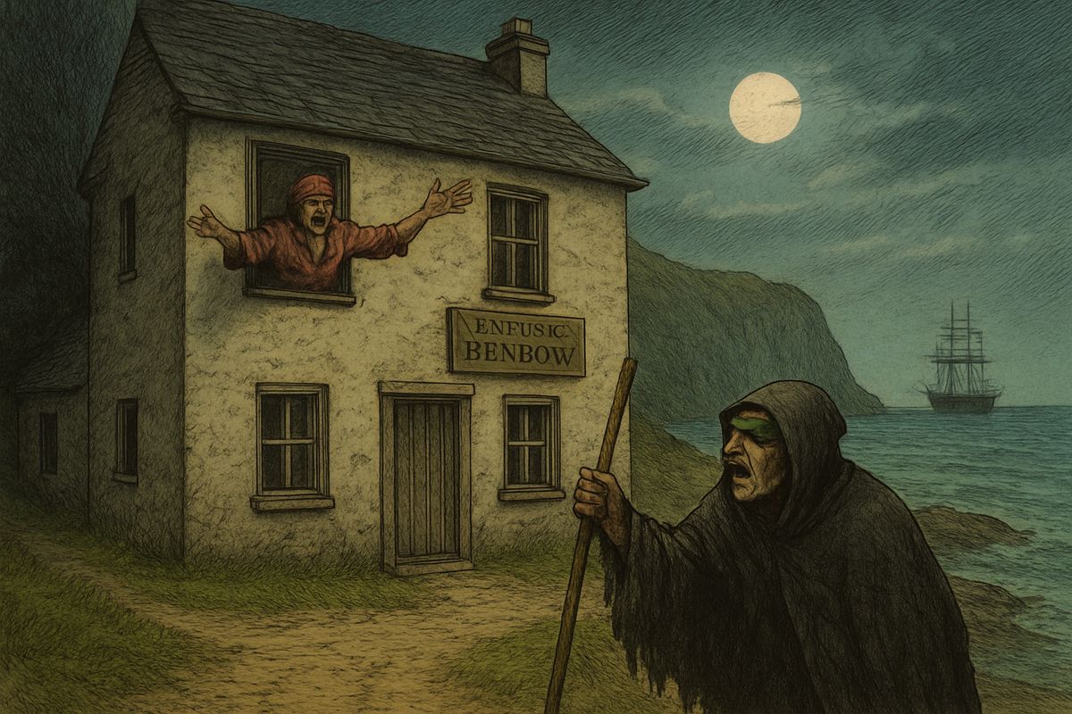 From behind a bush of broom, Jim watched seven or eight men run up with blind Pew among them. "Down with the door!" he cried. They tore through the inn and found the money, but Flint's fist, the thing Pew wanted most, was gone.