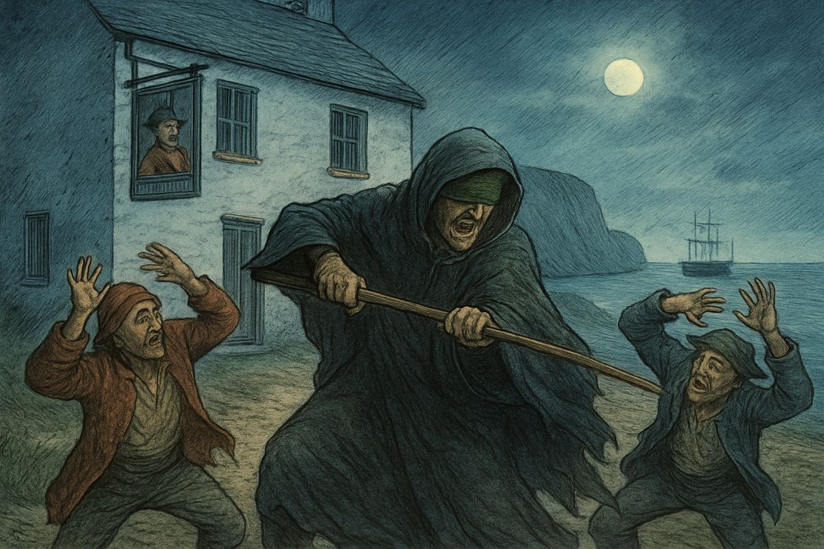 "It's that boy!" screamed Pew, and set his men searching, but they found no one. A warning whistle came from the hill, and the crew grumbled that they had the doubloons. Mad with rage, Pew struck at them with his heavy stick.