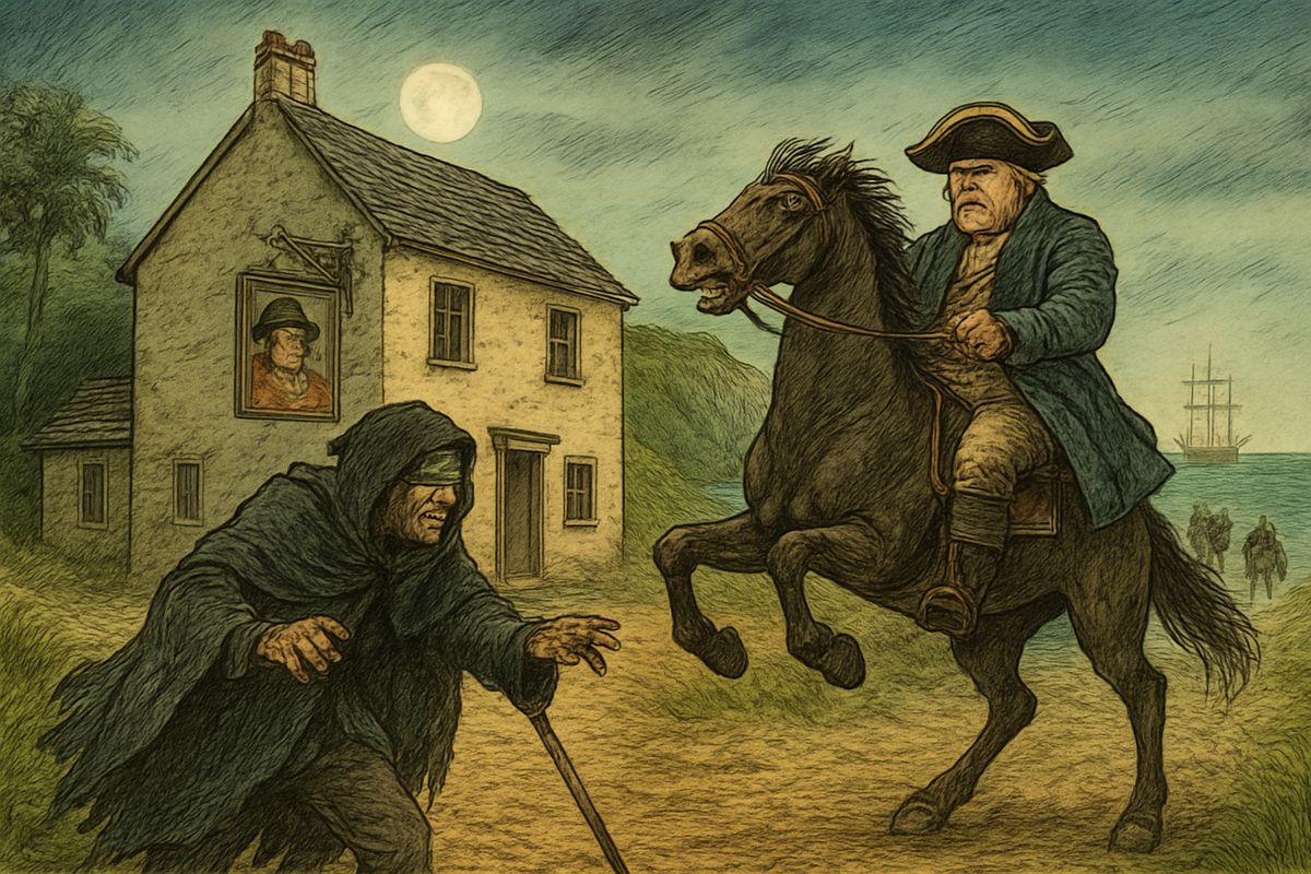 Then came galloping horses and a pistol-shot, and the pirates scattered, leaving Pew alone. "You won't leave old Pew, mates!" he cried, groping on the road. Bewildered, he blundered straight under the nearest horse, and fell and moved no more.