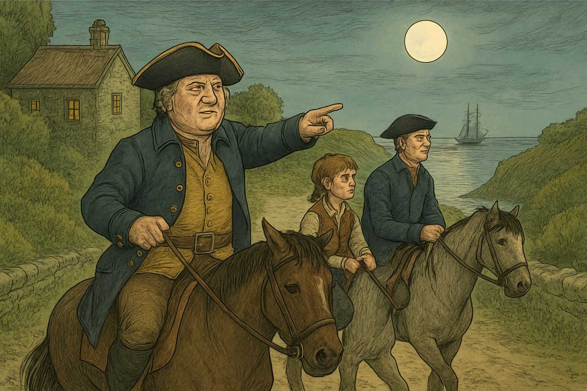 The riders were revenue men under Supervisor Dance, though the pirates' lugger escaped them. Jim's mother came round safe in the hamlet, and when Jim told Mr. Dance he held what the pirates wanted, Dance took him to Dr. Livesey's.