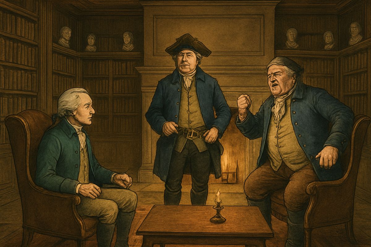 Mr. Dance and I rode on to the hall, where Squire Trelawney and Dr. Livesey sat smoking by the library fire. As Dance told his tale, they forgot their pipes; at my mother's bravery the squire cried "Bravo!"