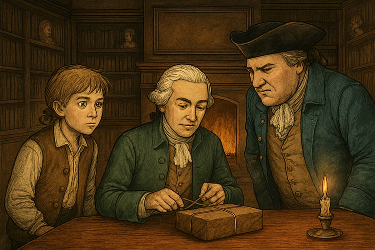 When I handed over the oilskin packet, the doctor asked whether Flint's treasure would amount to much. "I'll have that treasure if I search a year!" roared the squire. Inside the packet lay a book of pirate accounts and a sealed paper.