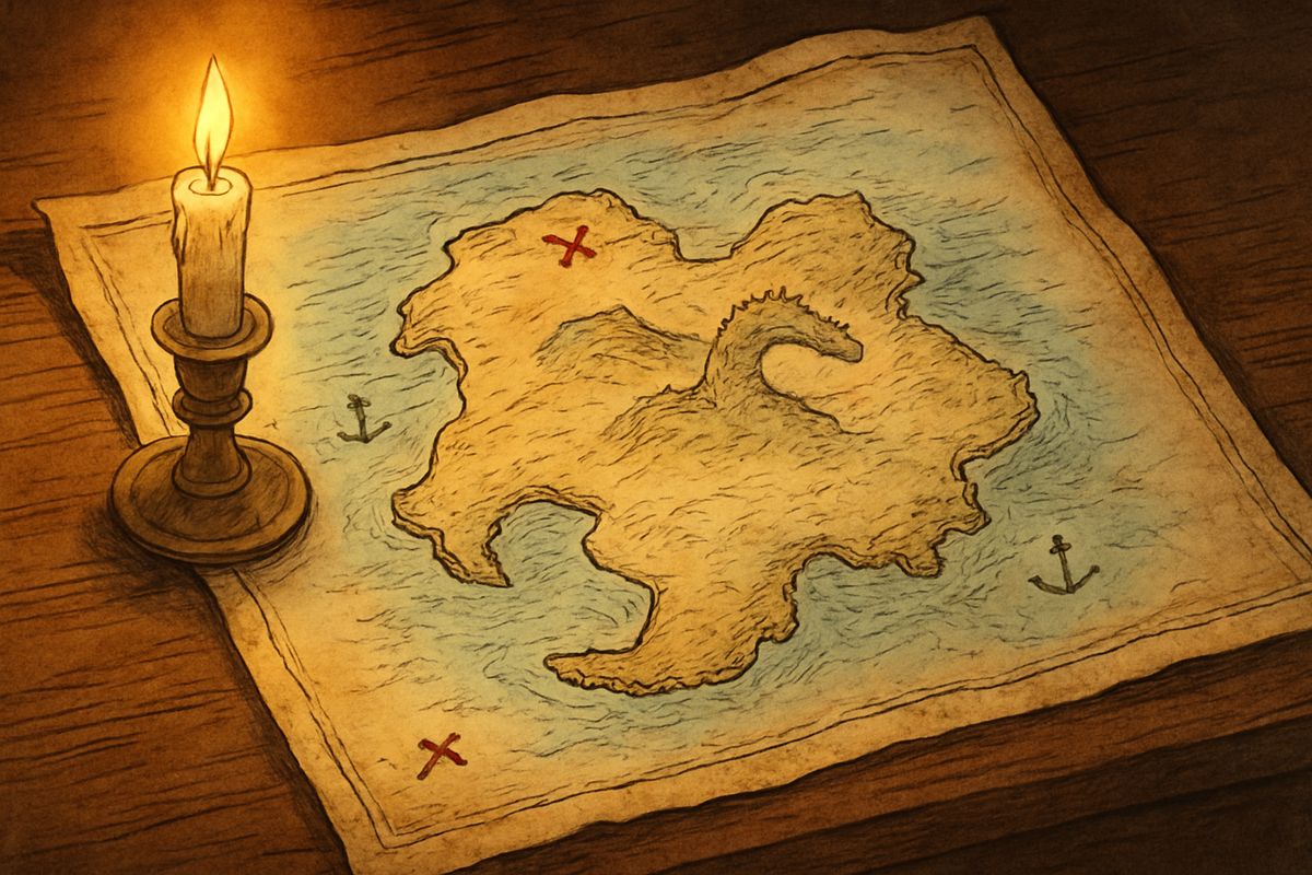 The sealed paper held a map of an island, with a hill called the Spy-glass and three red crosses, one marked "Bulk of treasure here." The squire would buy a ship in Bristol, with me as cabin-boy, and swore to breathe no word.