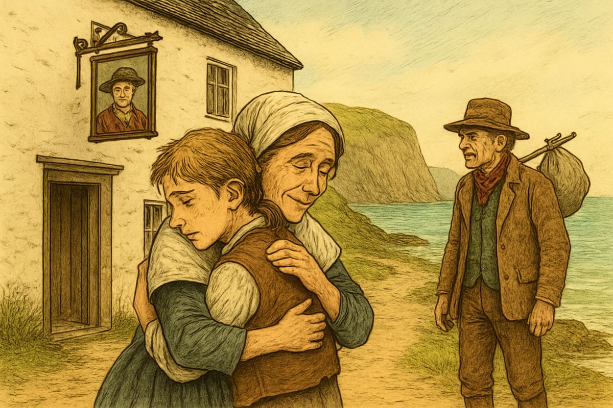 Redruth and I walked home to the Admiral Benbow, where a clumsy new boy was to take my place beside my mother. Seeing him brought my first tears. Next day I said goodbye, and soon my home was out of sight.