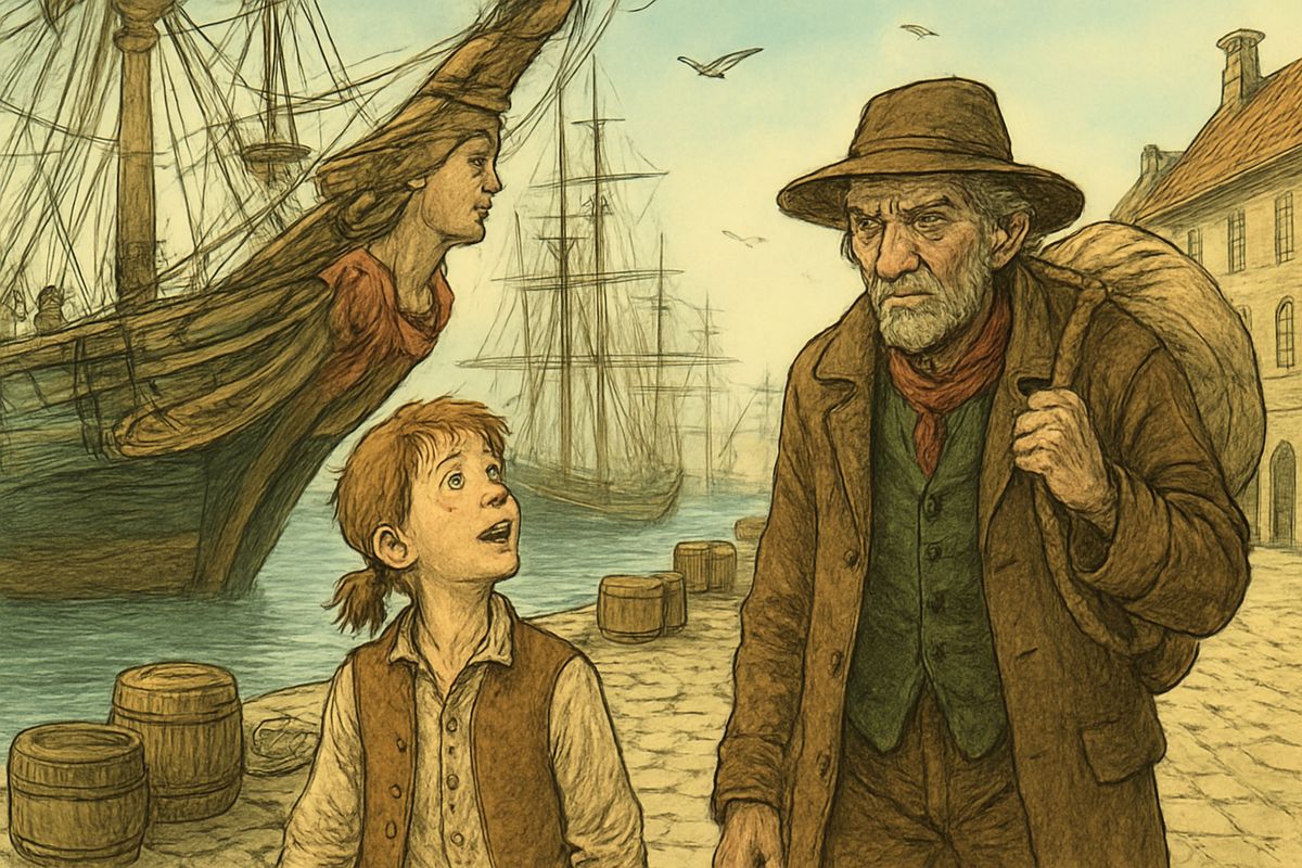 The night coach rattled us to Bristol, and we walked along the quays among ships of every nation until the squire came out of his inn dressed like a sea-officer. When I asked when we sailed, he cried, "We sail tomorrow!"