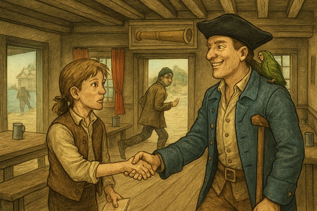 Jim carried the squire's note to the Spy-glass tavern, where a tall, cheerful landlord came hopping out on a crutch. This was no buccaneer, Jim thought. But just as Silver shook his hand, a customer jumped up and bolted into the street.