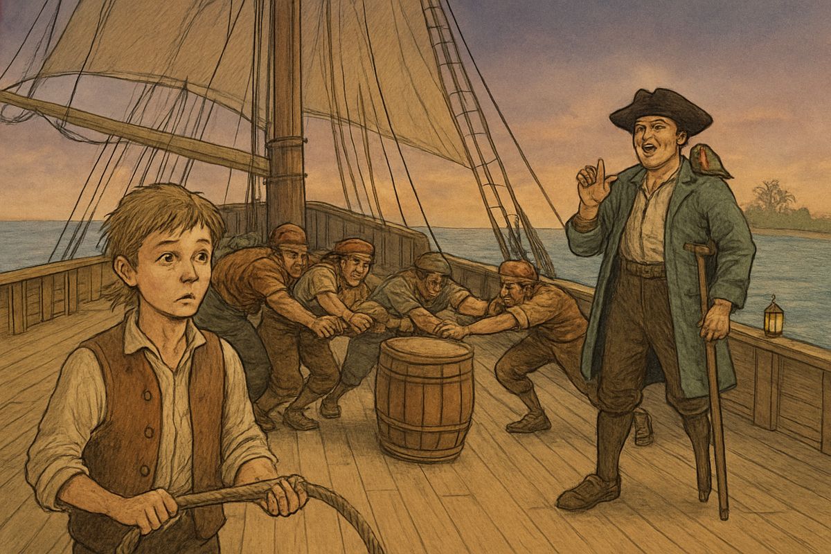 Before dawn the crew manned the capstan. 'Now, Barbecue, tip us a stave!' someone called, and Silver struck up the old song Jim knew so well. The whole crew roared the chorus, and the Hispaniola set sail for Treasure Island.