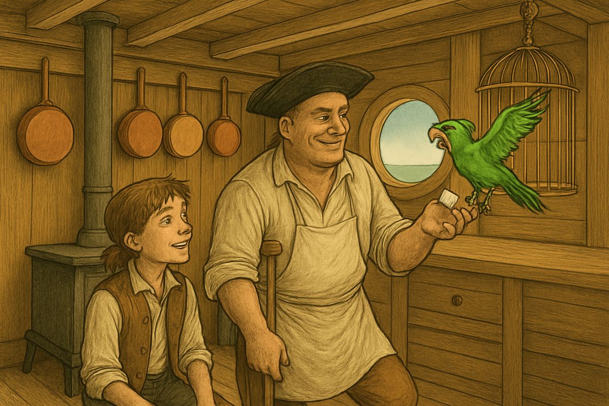 Silver was always kind to Jim and welcomed him into his spotless galley, where his parrot, Cap'n Flint, lived in a cage. Silver said she was two hundred years old. 'Pieces of eight!' she screamed, until John covered her cage.