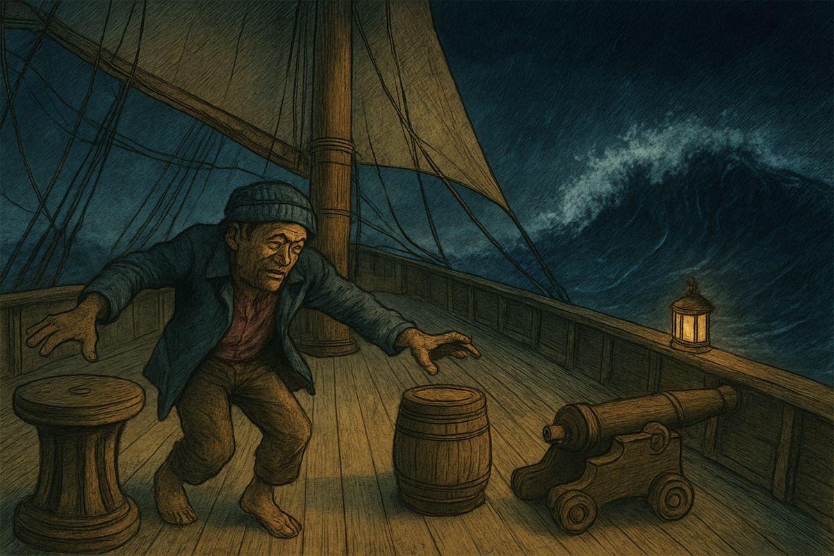 The mate, Mr. Arrow, came on deck drunk again and again, though no one knew where he got the drink. Then one dark, rough night he vanished. 'Overboard!' said the captain. 'That saves the trouble of putting him in irons.'