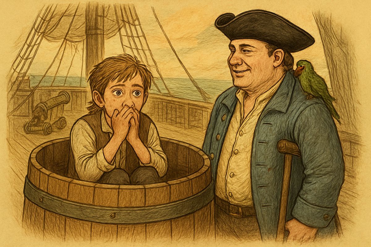 On the last evening of the voyage, Jim climbed into the apple barrel and was dozing off when a heavy man sat down against it. It was Silver. Within a dozen words, Jim knew every honest man's life depended on him alone.