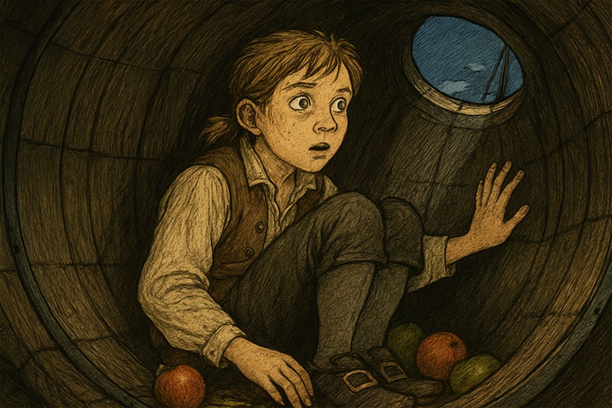Days out from Bristol, Jim climbed into the apple barrel for an apple, dozed in the dark, and woke to Long John Silver's voice just outside. Silver was boasting that he had been quartermaster to Captain Flint himself. "Flint was cap'n; I was quartermaster, along of my timber leg."