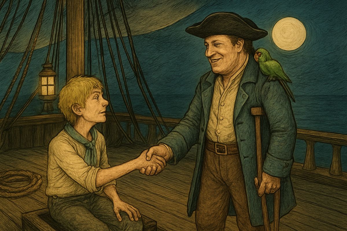 Silver was talking to young Dick, bragging of the gold he had saved while Pew and the rest drank theirs away. Then Jim heard the very words once used on himself: "You're as smart as paint." Dick shook hands on joining the plot.