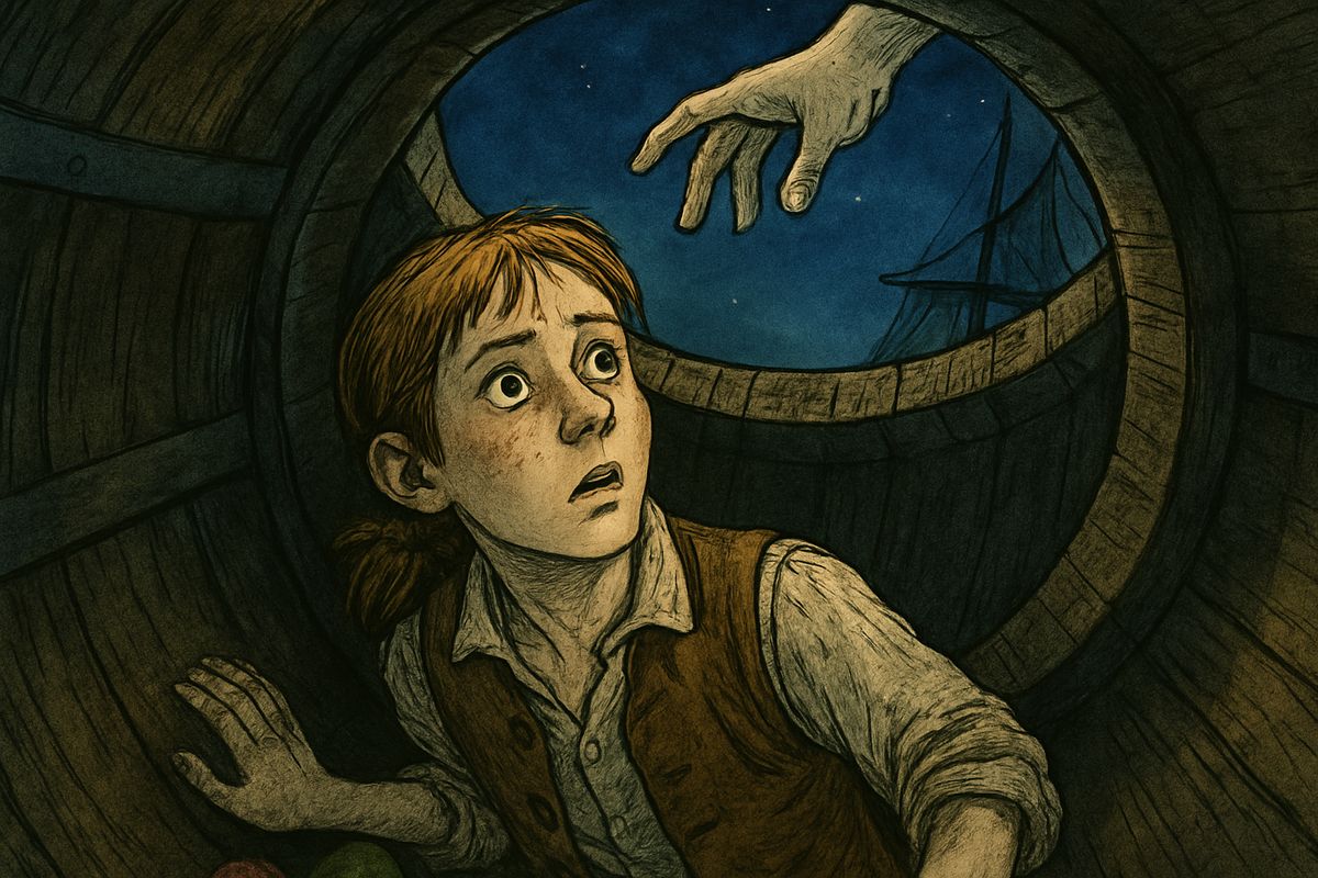 "Dick, jump up and get me an apple," said Silver. Jim froze as Dick began to rise, but Hands stopped him and called for rum instead, and Dick fetched a pannikin from the keg. From Hands's whispers Jim learned that some honest men were still left on board.