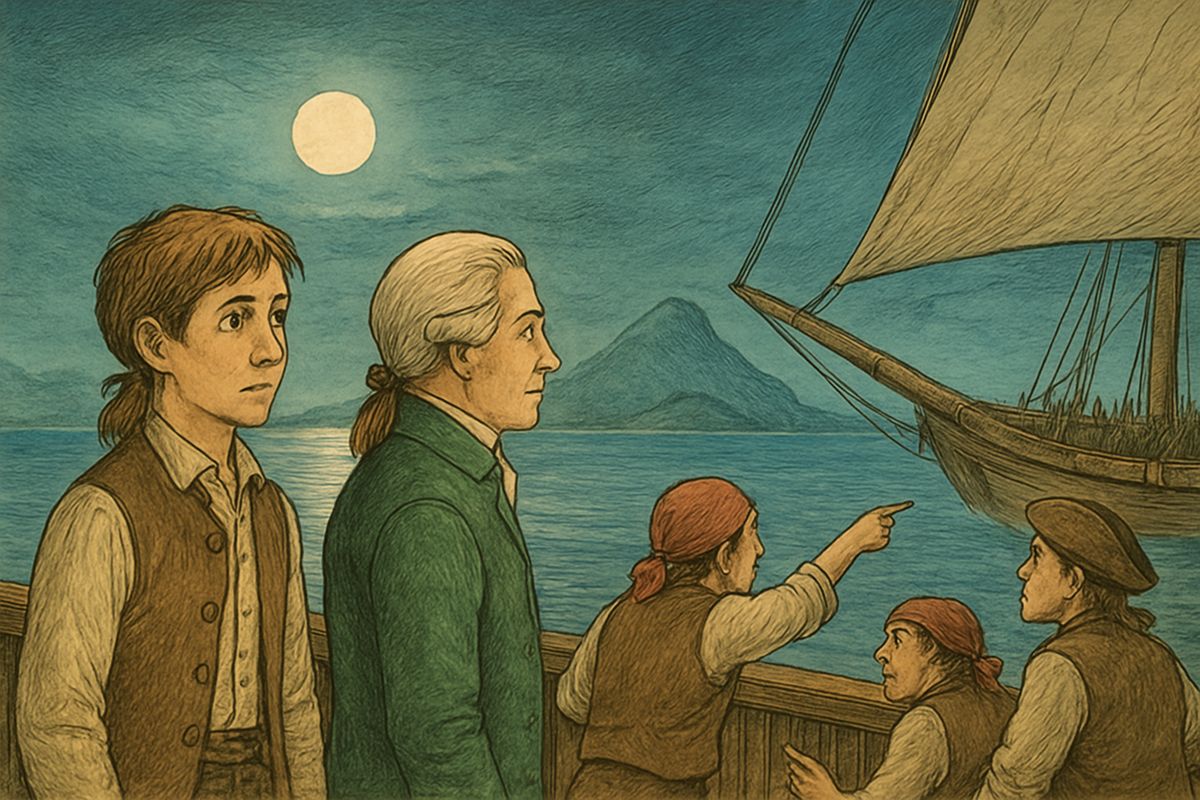 Then the moon rose and turned the sails silver, and the lookout cried, "Land ho!" Jim slipped out of the barrel in the rush and joined the others at the bow. As the fog lifted, three pointed hills rose from the sea to the south-west.