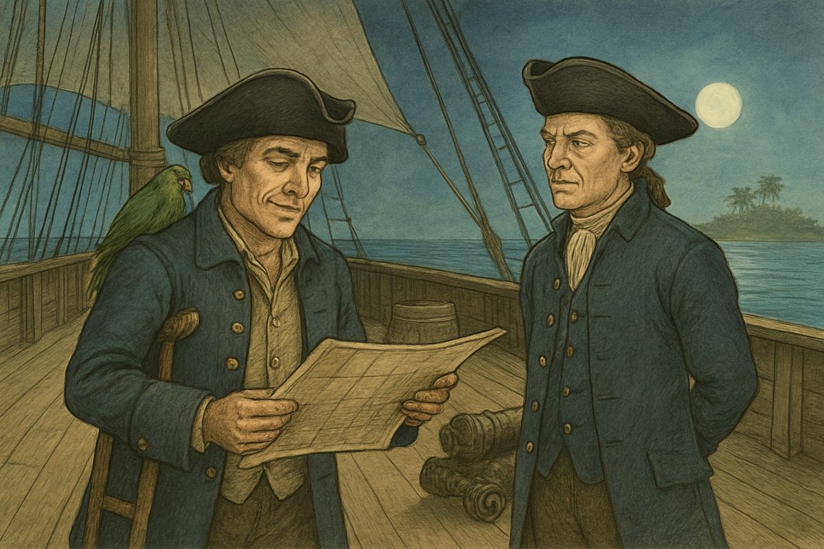 Silver said he knew the island and named its hills, the tall Spy-glass among them. When Captain Smollett handed him a chart, his eyes burned—but it was only a clean copy, without the red crosses and notes of Flint's map. Silver hid his annoyance and praised the drawing.