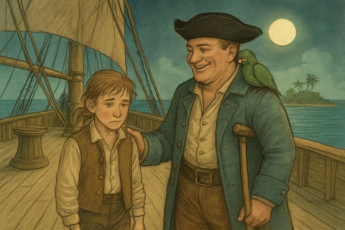 Then Silver limped over to Jim and laid a hand on his arm, chatting cheerfully about the goats and trees ashore. Jim could hardly hide a shudder. As soon as he could, he whispered to Dr. Livesey to get the captain and squire below: "I have terrible news."