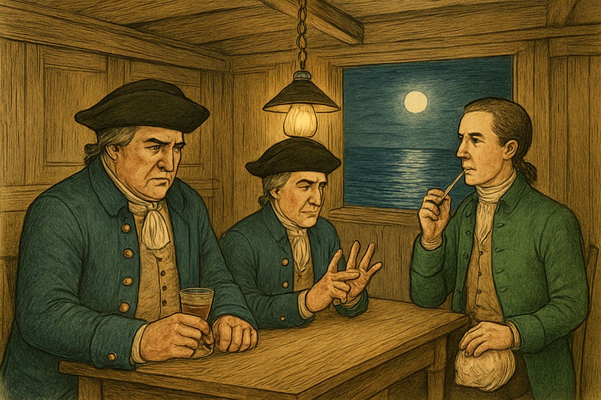 In the cabin, Jim told all he had heard. The squire admitted the captain had been right, and Smollett decided to keep quiet and wait for their chance to strike. They had seven men they could trust, one of them a boy, against nineteen.