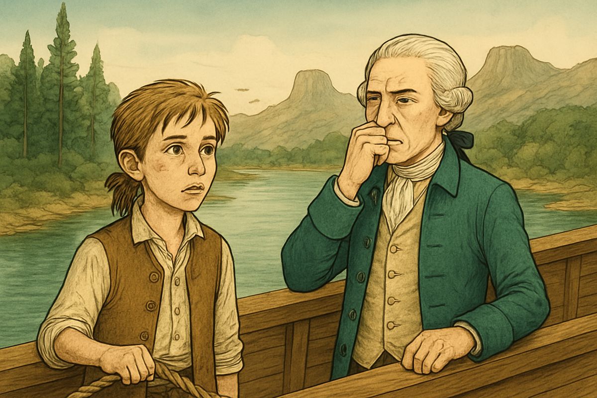 The island lay grey and gloomy, and Jim hated it at first sight. The boats towed the Hispaniola into the stinking anchorage behind Skeleton Island. “I don’t know about treasure,” said the doctor, “but I’ll stake my wig there’s fever here.”