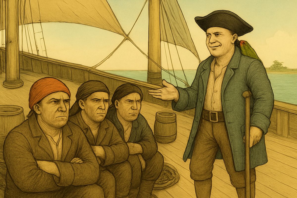 The crew lay about the deck growling, and mutiny hung over the ship, while Silver went from group to group, all smiles. To let him calm them, Captain Smollett gave the men shore leave. Thirteen, with Silver, went ashore; six stayed aboard.