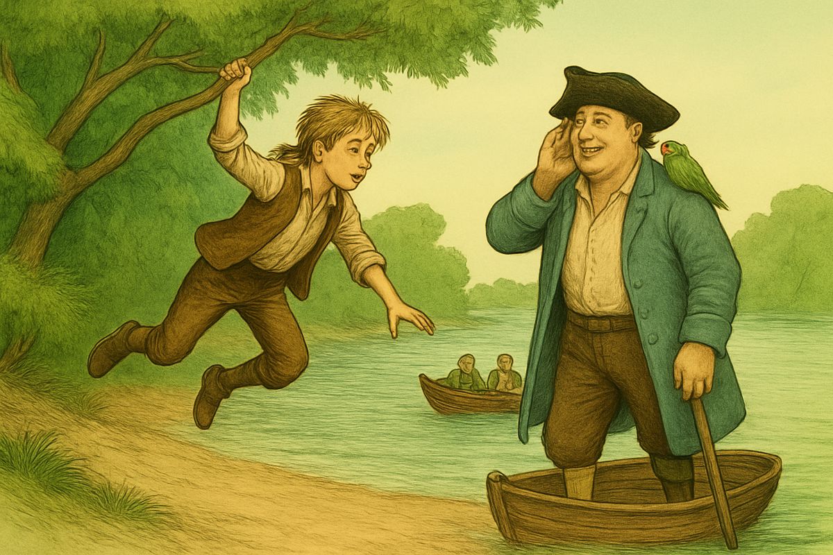 On a mad notion, Jim slipped into the nearest boat. When its bow struck the shore he caught a branch and plunged into the thicket. “Jim, Jim!” Silver shouted from the other boat, but Jim ran on till he could run no longer.
