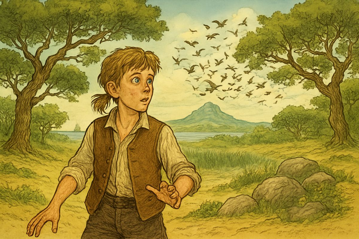 Pleased to have given Long John the slip, Jim explored the strange island. A rattlesnake hissed at him from a ledge, though he didn't know it was deadly. Then screaming birds rose over the marsh. Someone was coming.