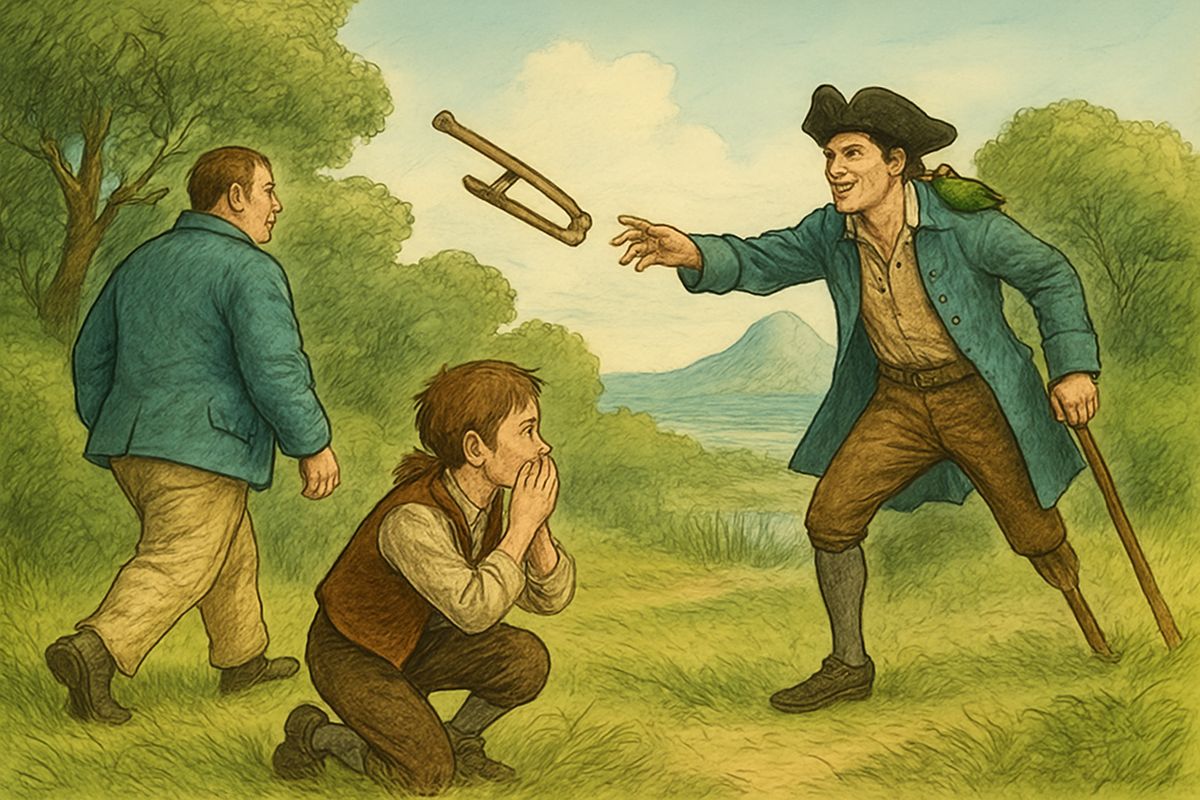 “Kill me too, if you can,” cried Tom, “but I defies you!” He turned for the beach. Jim watched in horror as Silver hurled his crutch through the air. Tom fell, and Silver was upon him with his knife.
