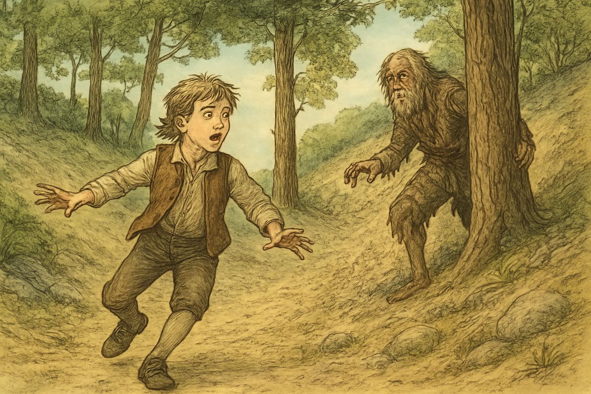 The world swam before Jim's eyes. When he came to, Silver was wiping his knife and whistling for the others. Jim ran as never before, sure he'd be next. Then, near a two-peaked hill, a shaggy figure leaped behind a pine.