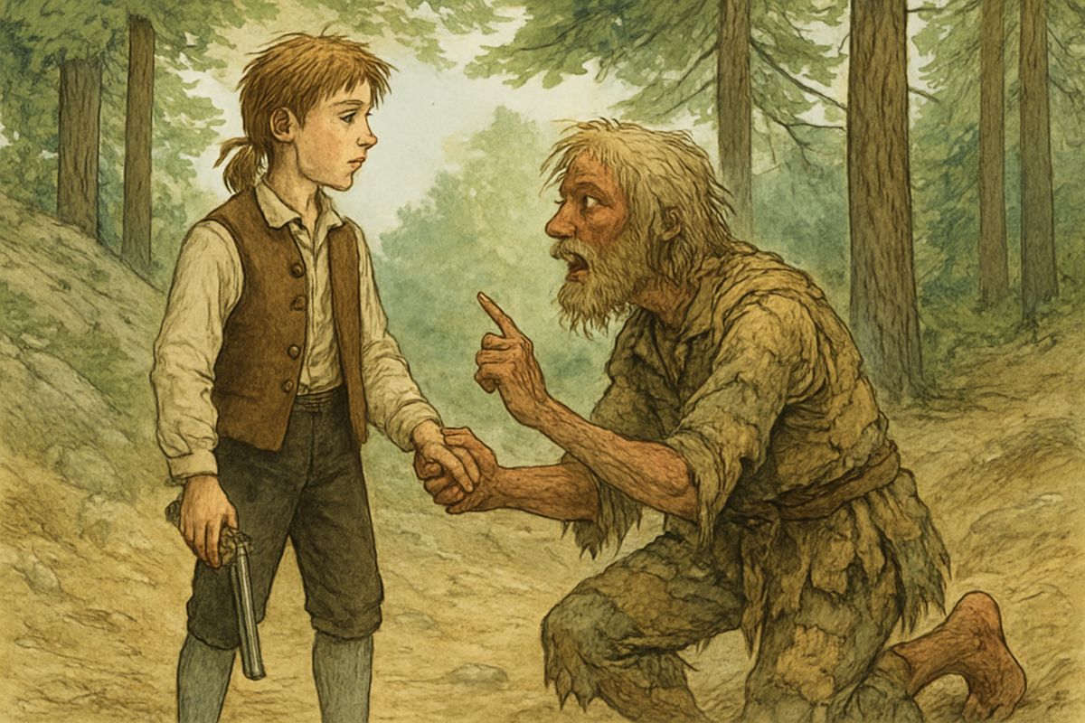Remembering his pistol, Jim approached the creature, who knelt. He was Ben Gunn, once Flint's shipmate, marooned three years, and now, he whispered, rich. “You mightn’t happen to have a piece of cheese about you, now?”