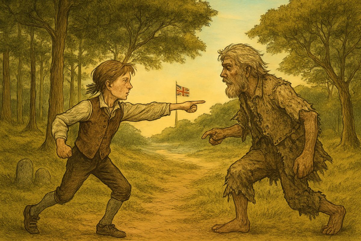 Ben said he had a boat hidden under the white rock, but just then cannon thunder shook the island. “They have begun to fight!” cried Jim, running for the anchorage with Ben beside him. Soon the Union Jack fluttered above the trees.